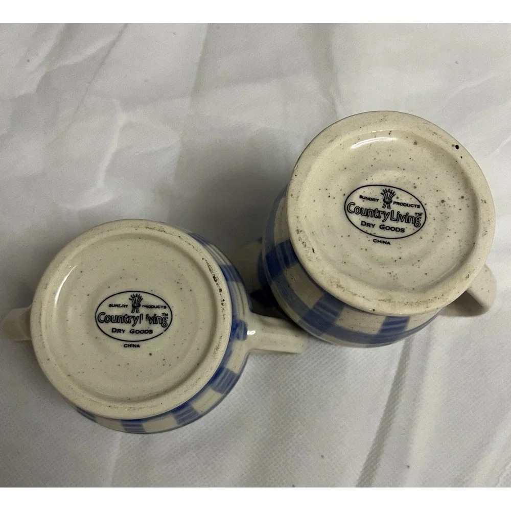 Vtg Cottagecore Blue Gingham Stoneware Cream Sugar Country Farmhouse Decor